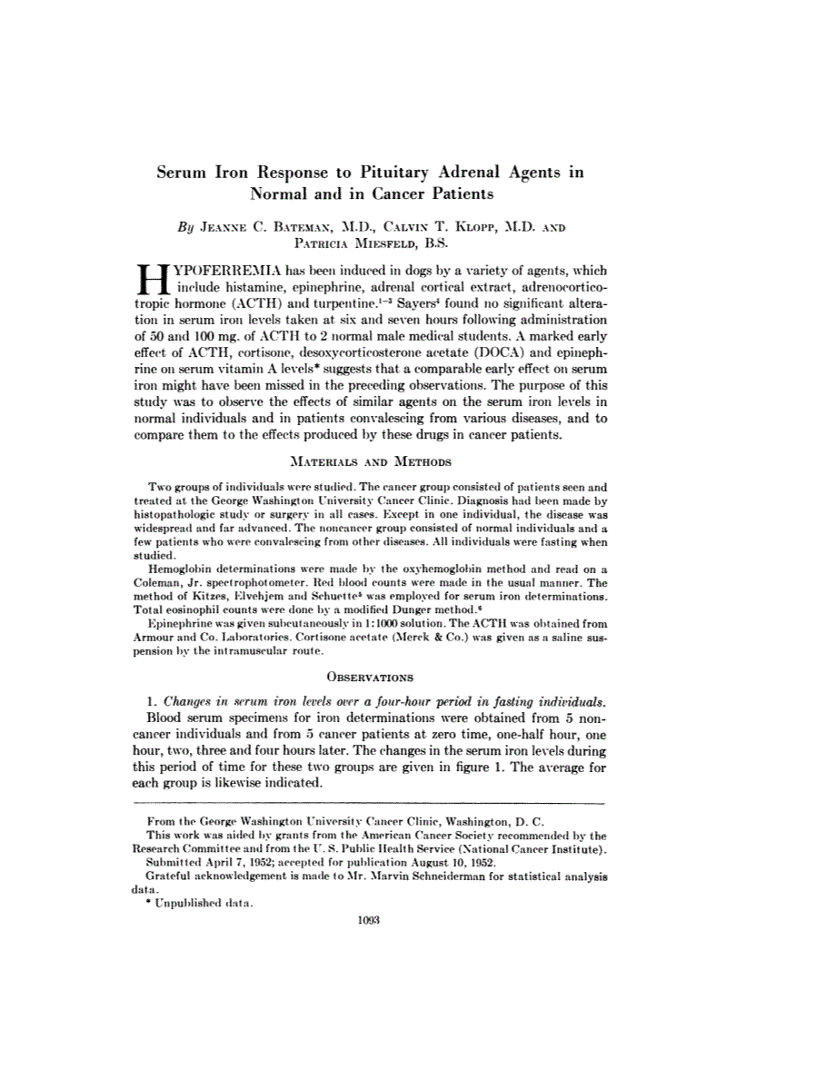 First page of Serum Iron Response to Pituitary Adrenal Agents in Normal and in Cancer Patients