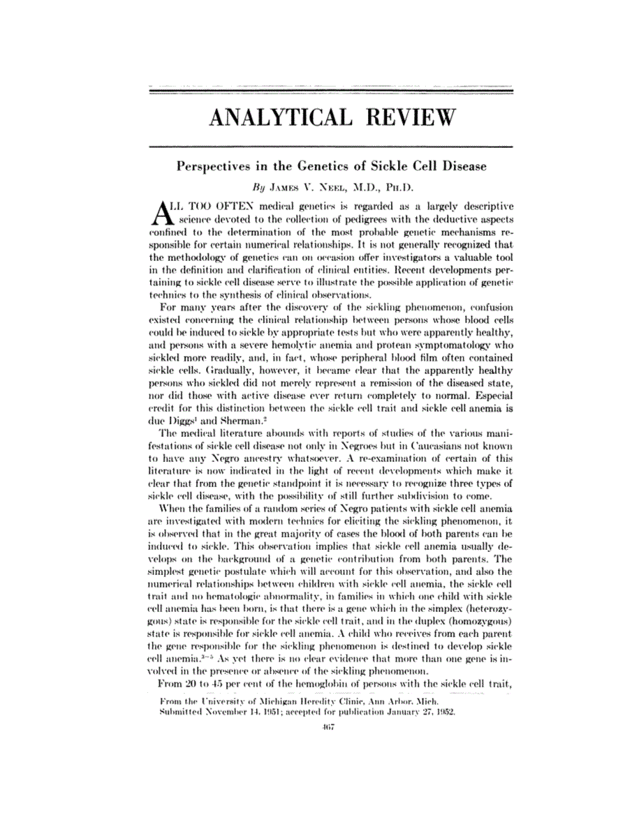 First page of Analytical Review: Perspectives in the Genetics of Sickle Cell Disease