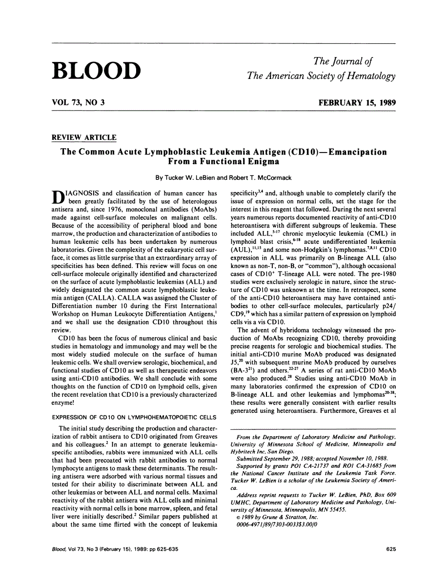 First page of The common acute lymphoblastic leukemia antigen (CD10)--emancipation from a functional enigma