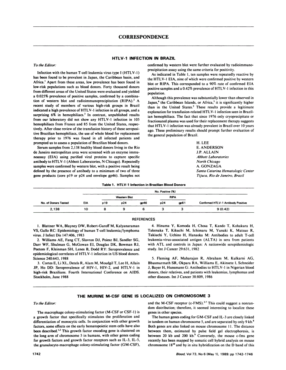 First page of The murine M-CSF gene is localized on chromosome 3