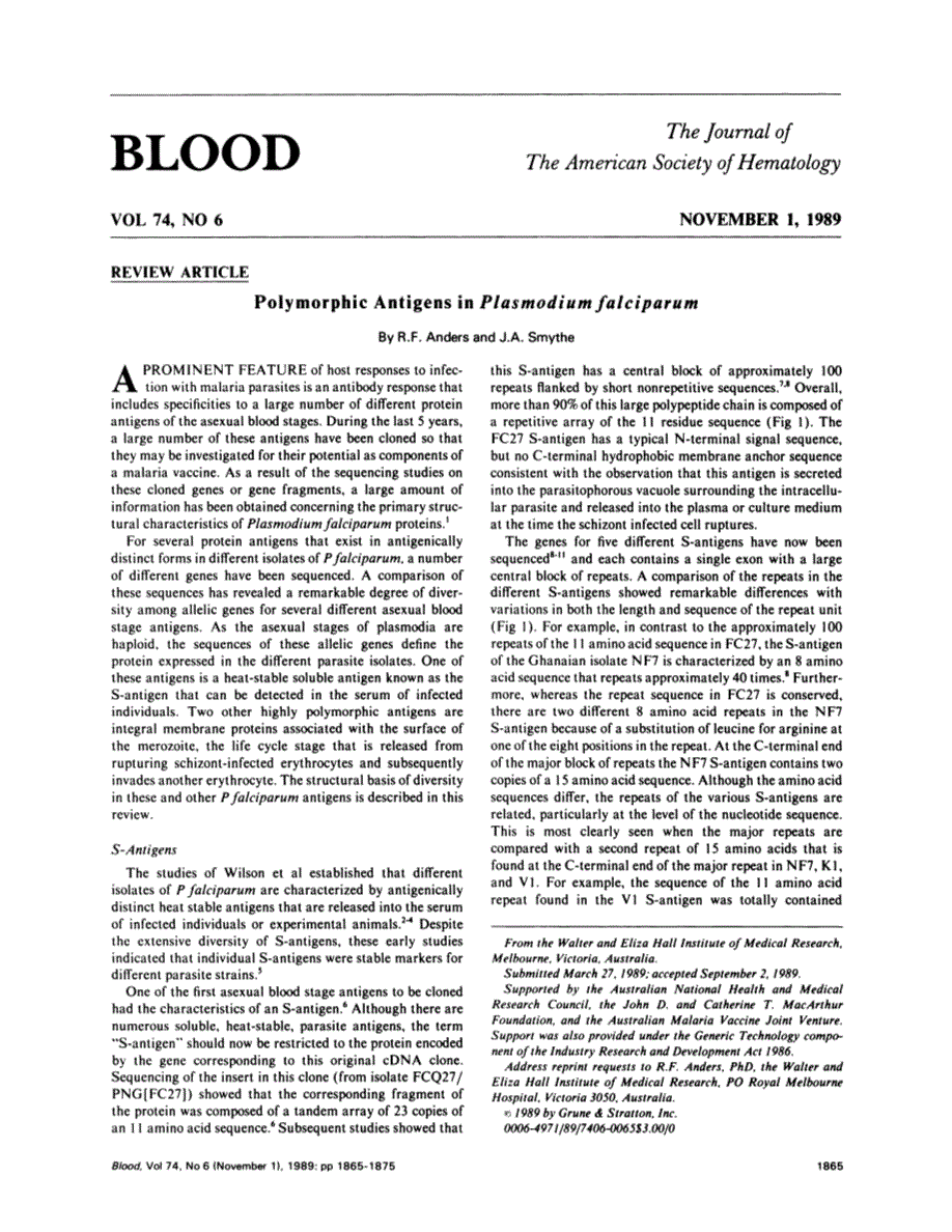 First page of Polymorphic antigens in Plasmodium falciparum