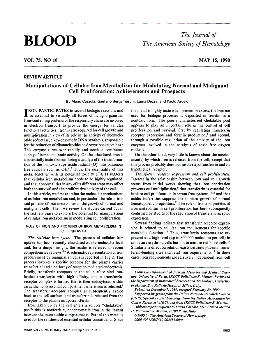 First page of Manipulations of cellular iron metabolism for modulating normal and malignant cell proliferation: achievements and prospects