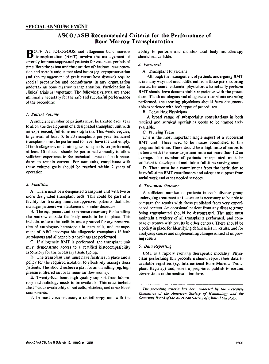 First page of SPECIAL ANNOUNCEMENT: ASCO/ASH Recommended Criteria for the Performance of Bone Marrow Transplantation