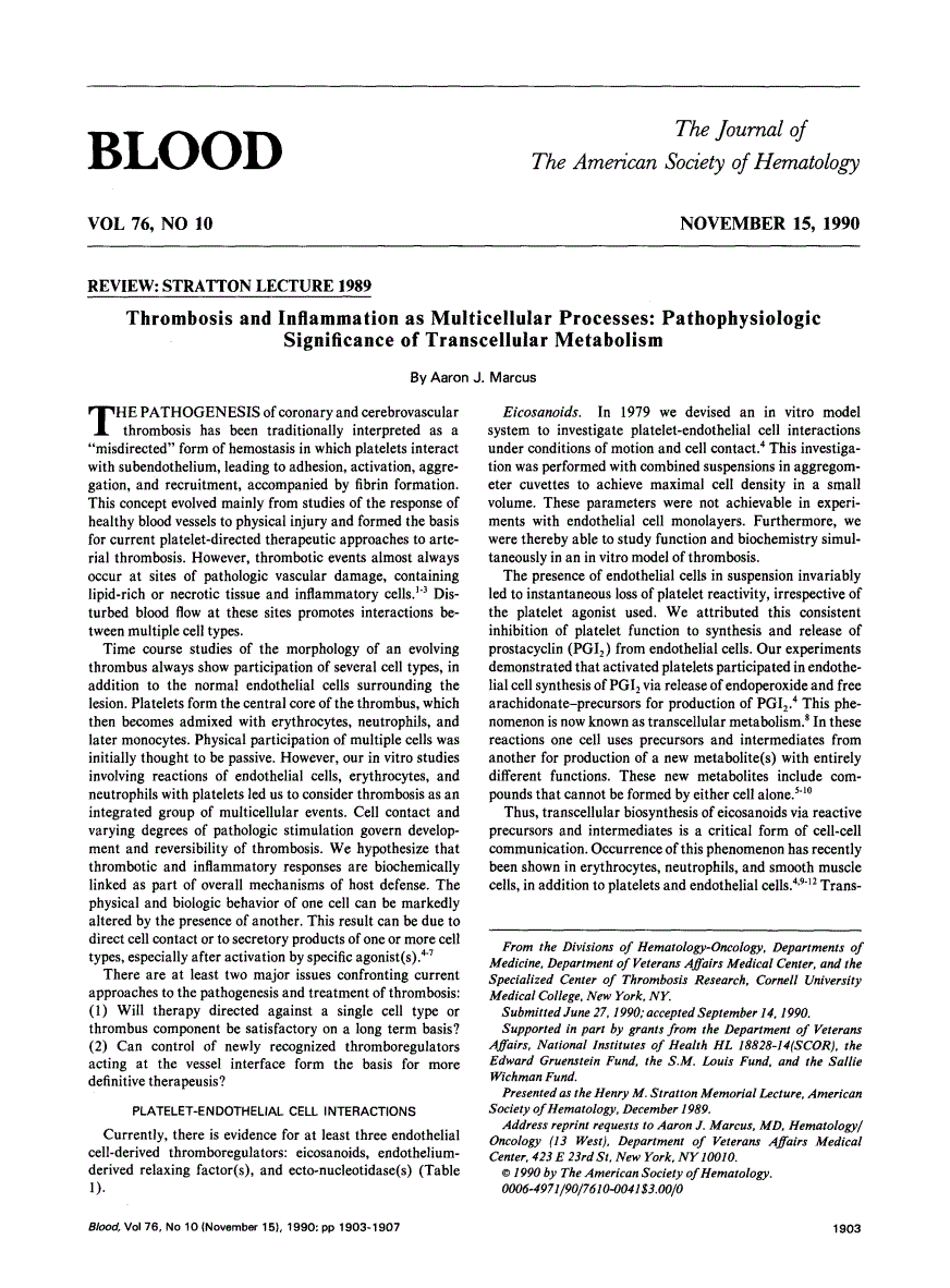 First page of Stratton lecture 1989. Thrombosis and inflammation as multicellular processes: pathophysiologic significance of transcellular metabolism
