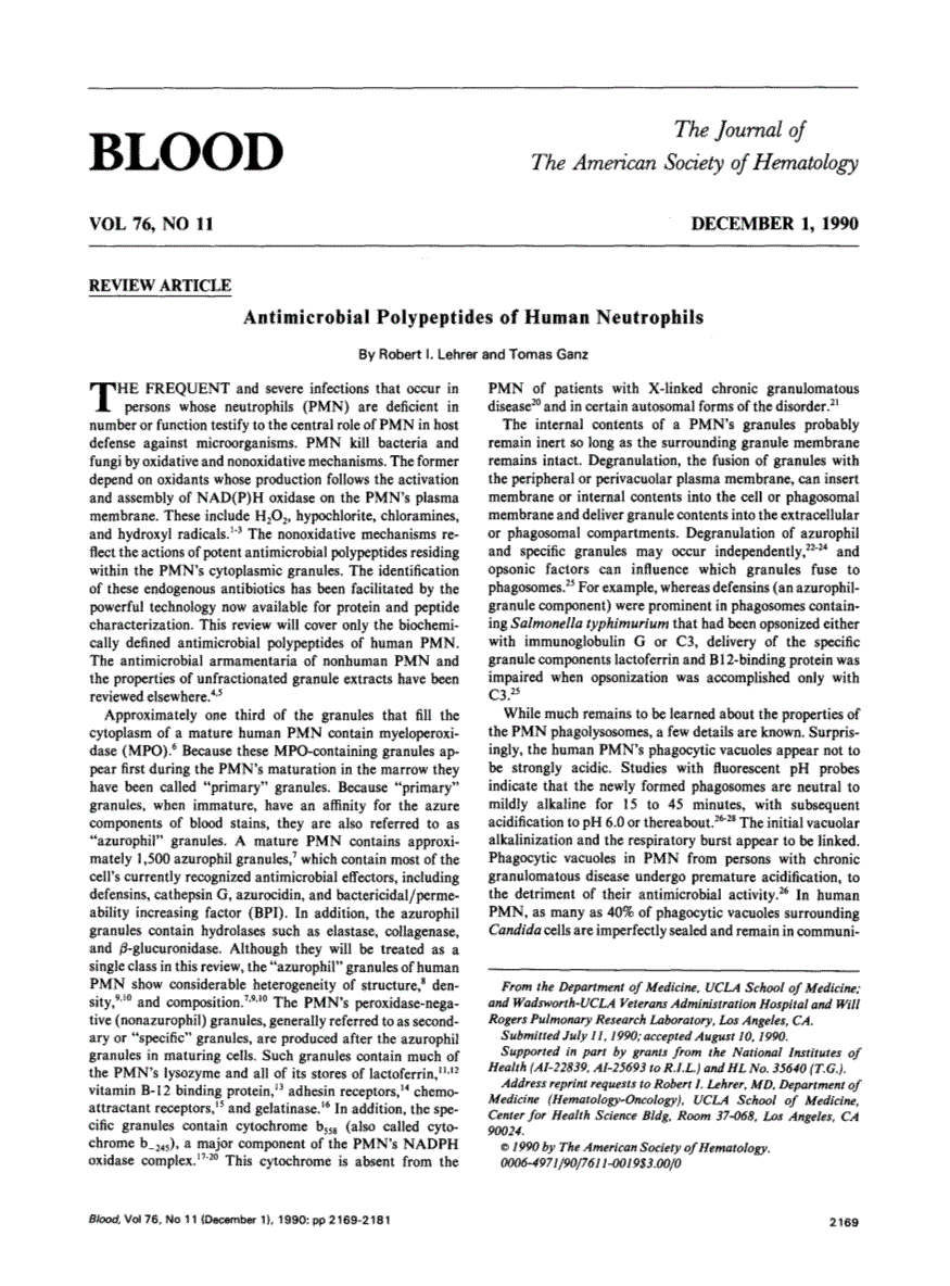 First page of Antimicrobial polypeptides of human neutrophils