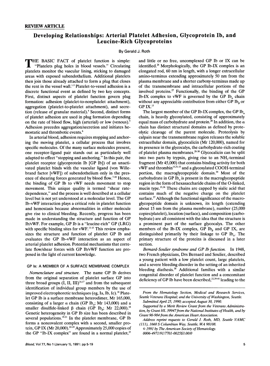First page of Developing relationships: arterial platelet adhesion, glycoprotein Ib, and leucine-rich glycoproteins