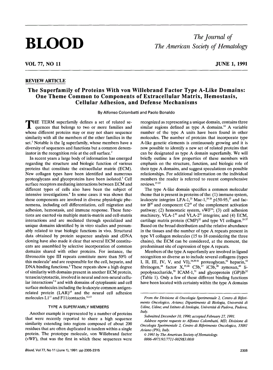 First page of The superfamily of proteins with von Willebrand factor type A-like domains: one theme common to components of extracellular matrix, hemostasis, cellular adhesion, and defense mechanisms