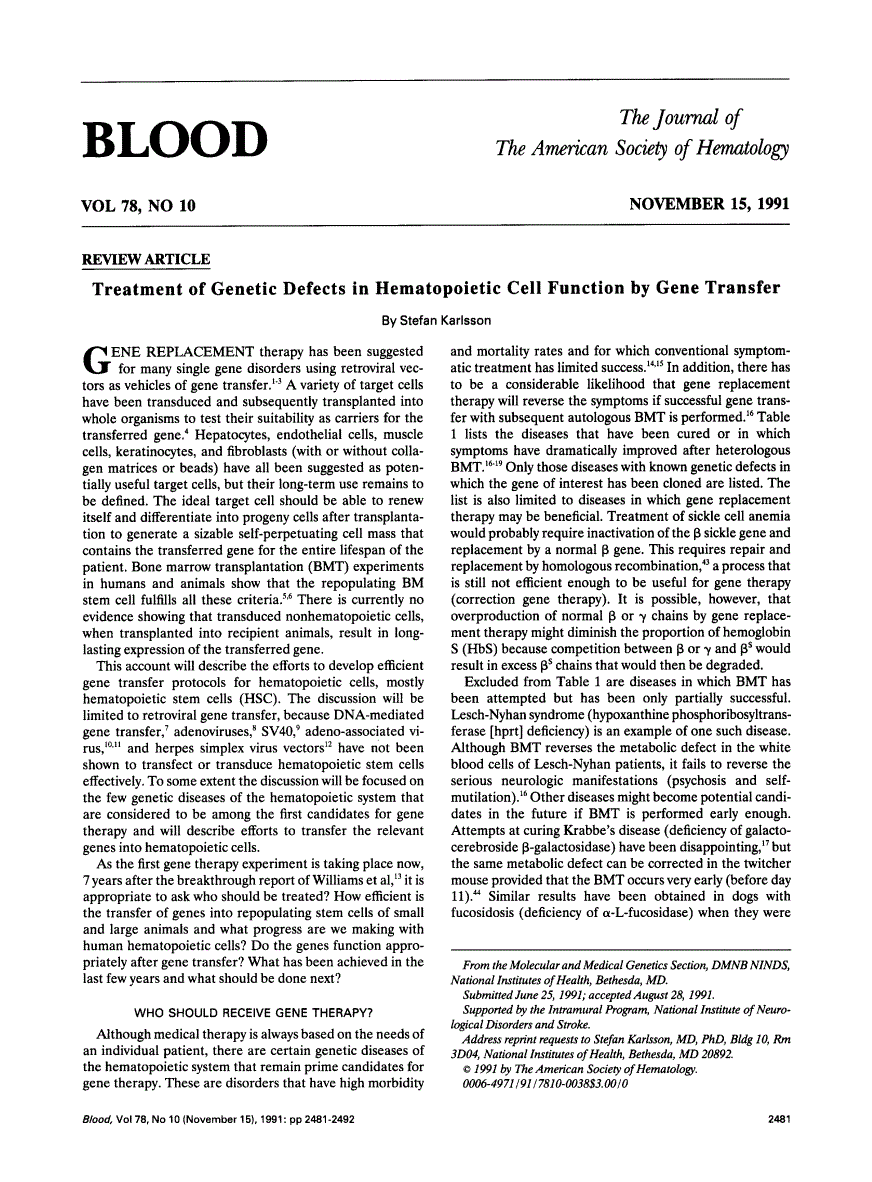 First page of Treatment of genetic defects in hematopoietic cell function by gene transfer