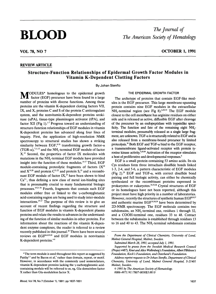 First page of Structure-function relationships of epidermal growth factor modules in vitamin K-dependent clotting factors