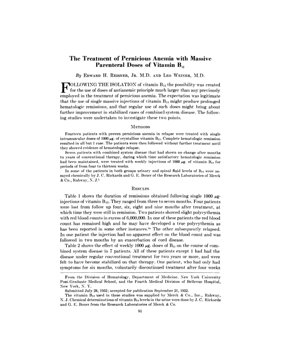 First page of The Treatment of Pernicious Anemia with Massive Parenteral Doses of Vitamin B<sub>12</sub>