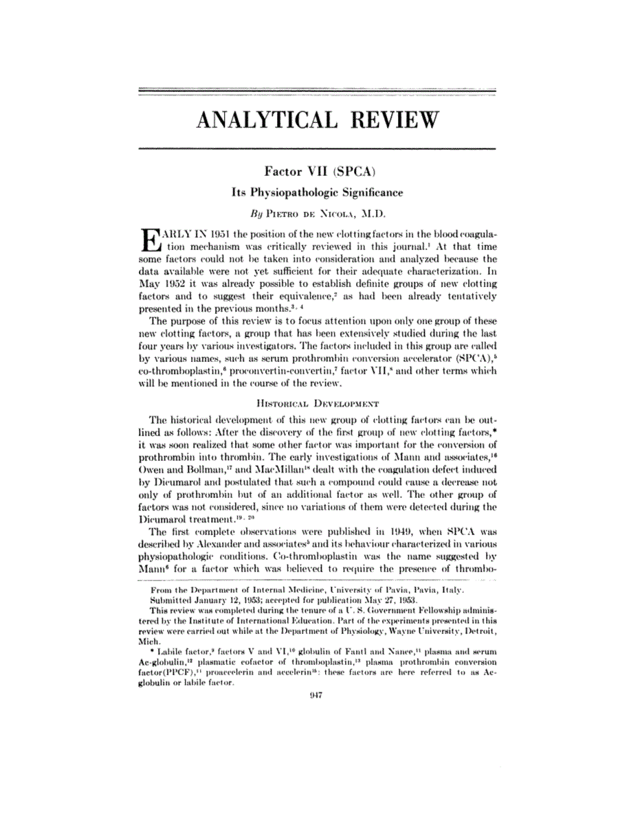 First page of Analytical Review: Factor VII (SPCA) <subtitle>Its Physiopathologic Significance</subtitle>