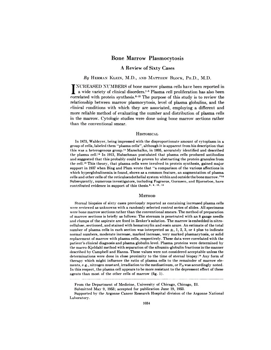 First page of Bone Marrow Plasmocytosis <subtitle>A Review of Sixty Cases</subtitle>