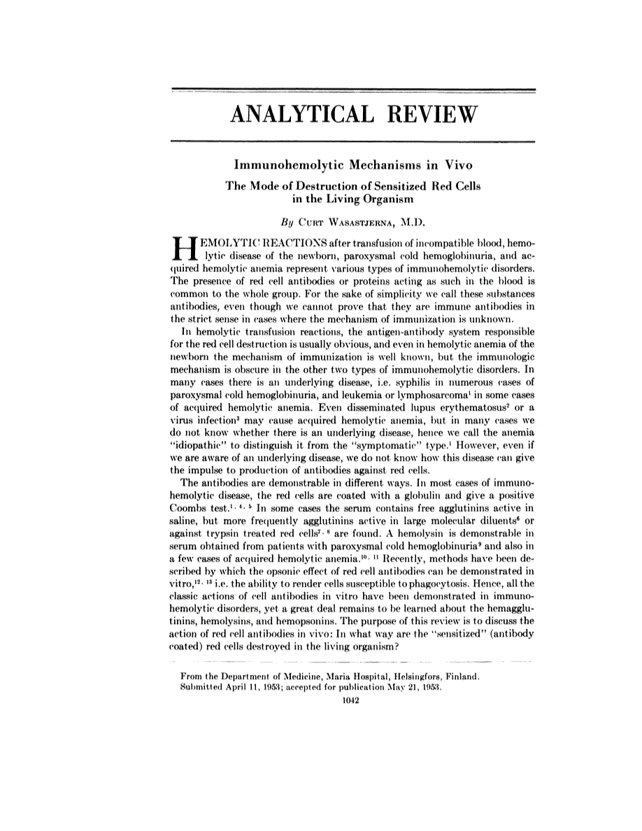First page of Analytical Review: Immunohemolytic Mechanisms in Vivo <subtitle>The Mode of Destruction of Sensitized Red Cells in the Living Organism</subtitle>