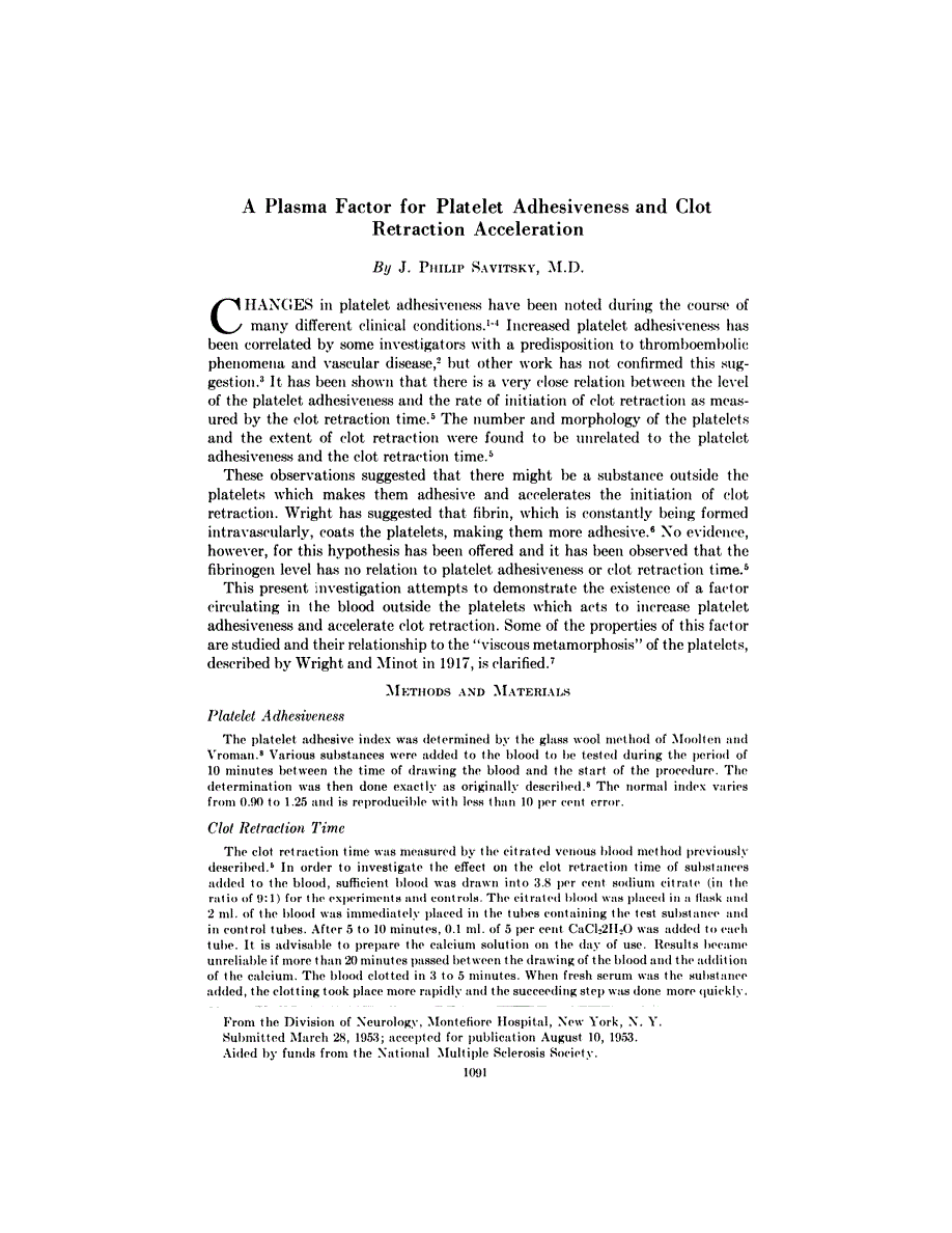 First page of A Plasma Factor for Platelet Adhesiveness and Clot Retraction Acceleration