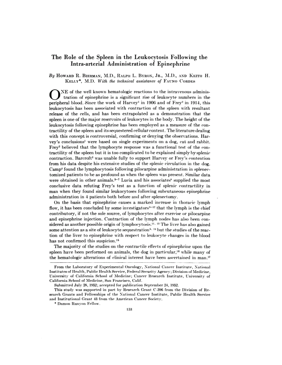 First page of The Role of the Spleen in the Leukocytosis Following the Intra-arterial Administration of Epinephrine