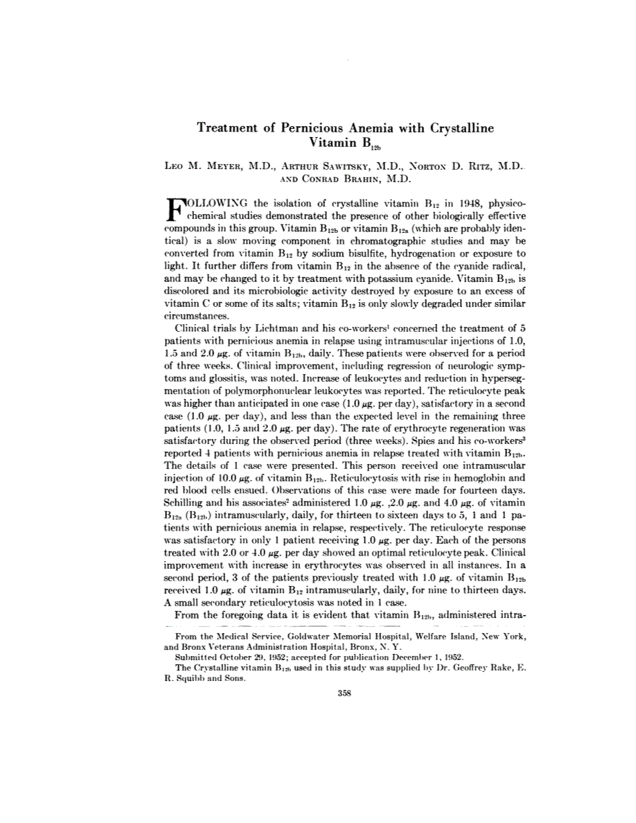 First page of Treatment of Pernicious Anemia with Crystalline Vitamin B<sub>12b</sub>