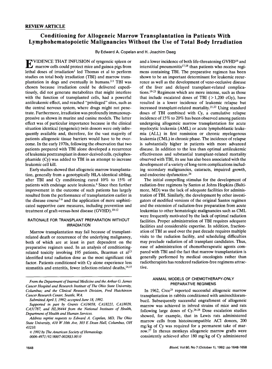 First page of Conditioning for allogeneic marrow transplantation in patients with lymphohematopoietic malignancies without the use of total body irradiation