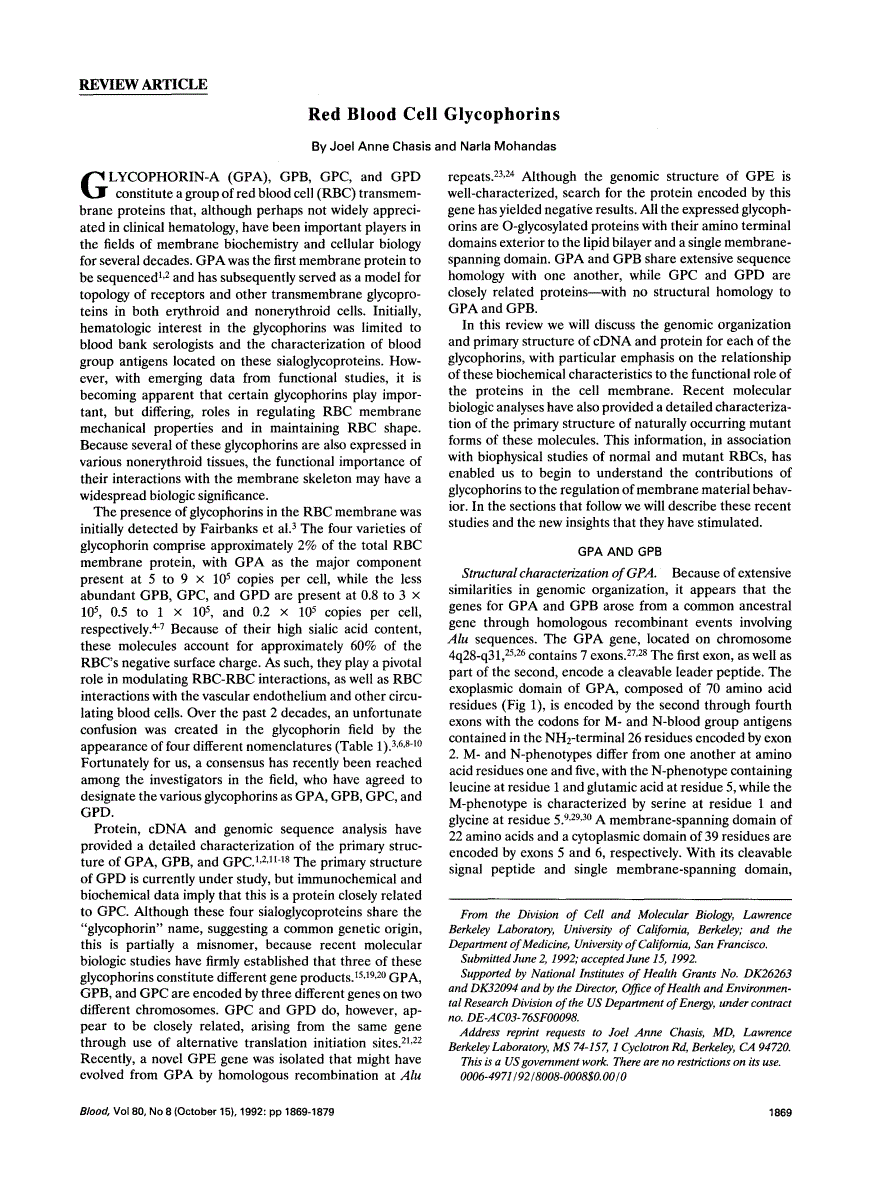 First page of Red blood cell glycophorins