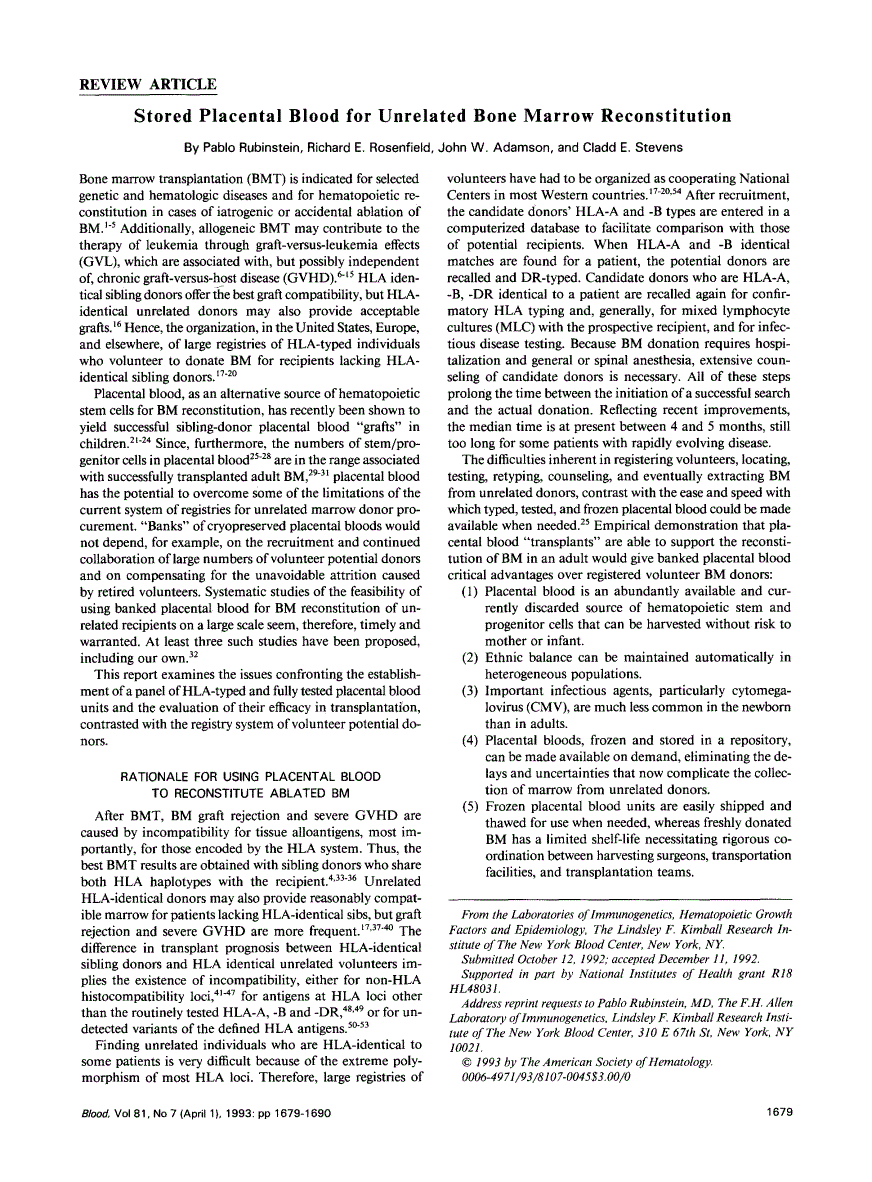 First page of Stored placental blood for unrelated bone marrow reconstitution