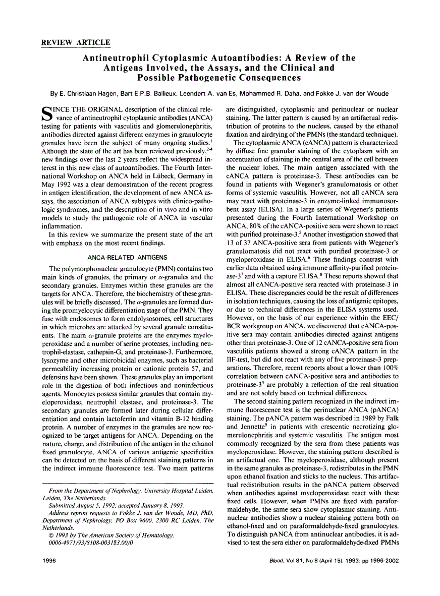 First page of Antineutrophil cytoplasmic autoantibodies: a review of the antigens involved, the assays, and the clinical and possible pathogenetic consequences