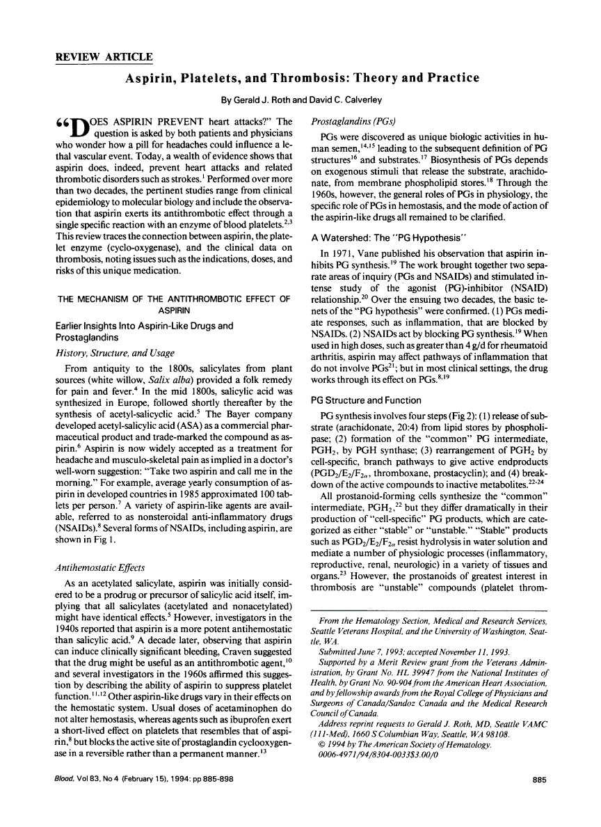 First page of Aspirin, platelets, and thrombosis: theory and practice