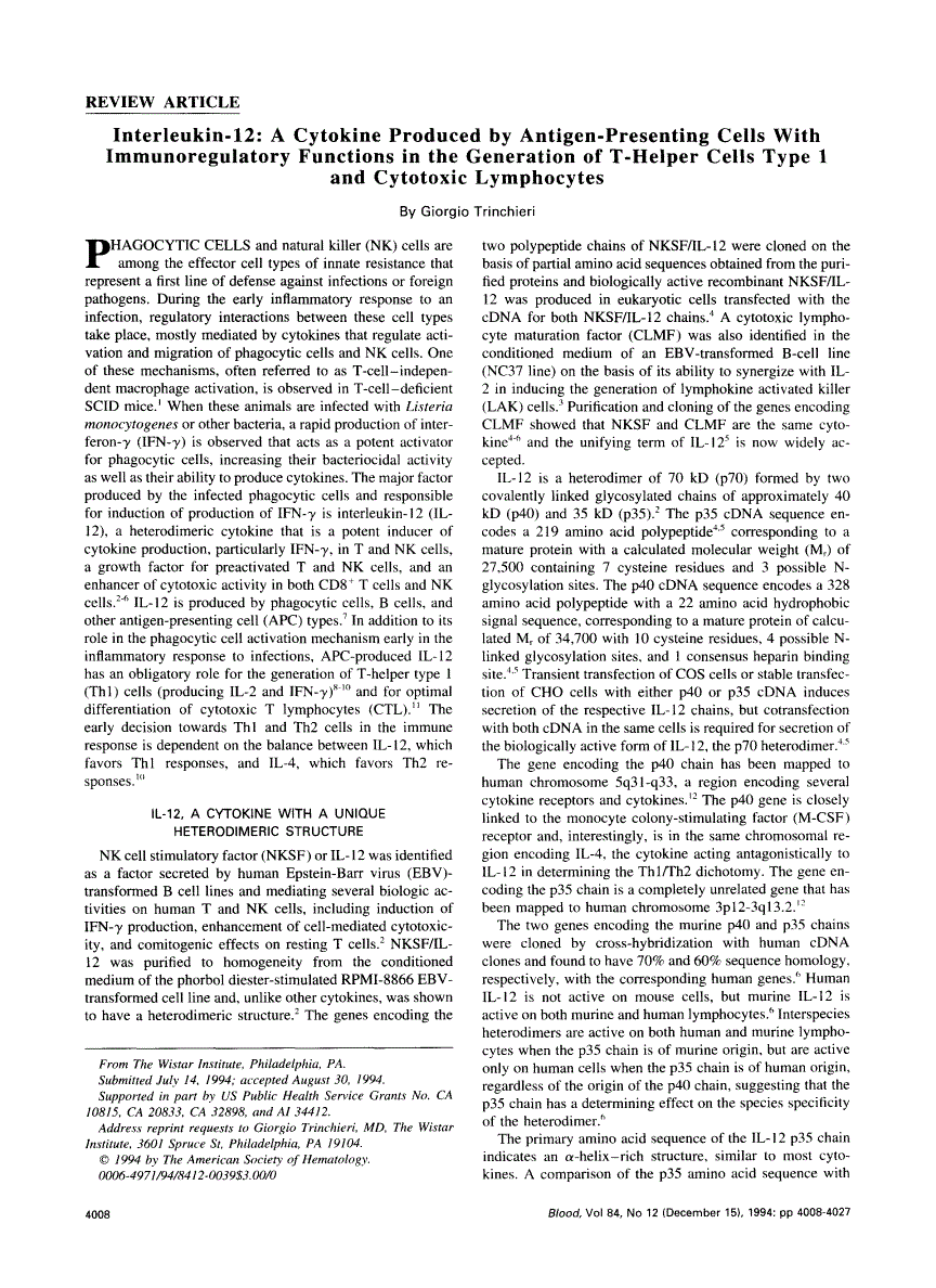 First page of Interleukin-12: a cytokine produced by antigen-presenting cells with immunoregulatory functions in the generation of T-helper cells type 1 and cytotoxic lymphocytes