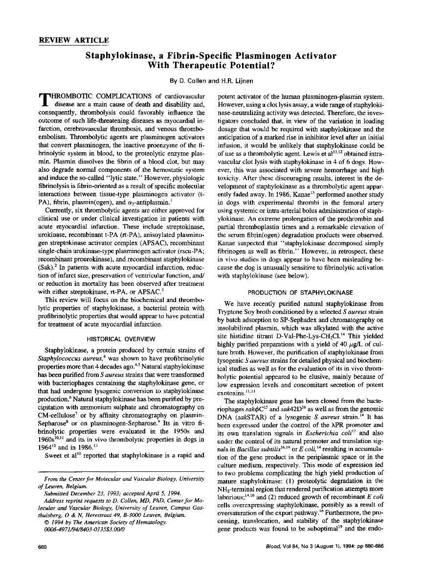 First page of Staphylokinase, a fibrin-specific plasminogen activator with therapeutic potential?