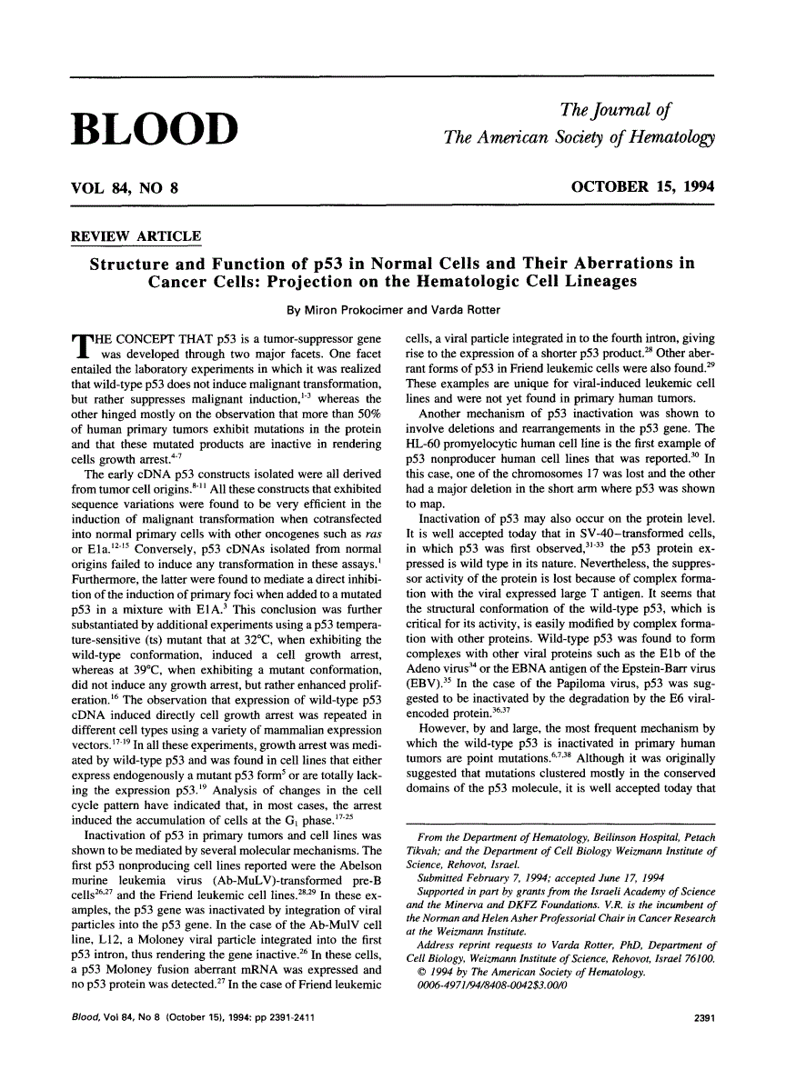 First page of Structure and function of p53 in normal cells and their aberrations in cancer cells: projection on the hematologic cell lineages
