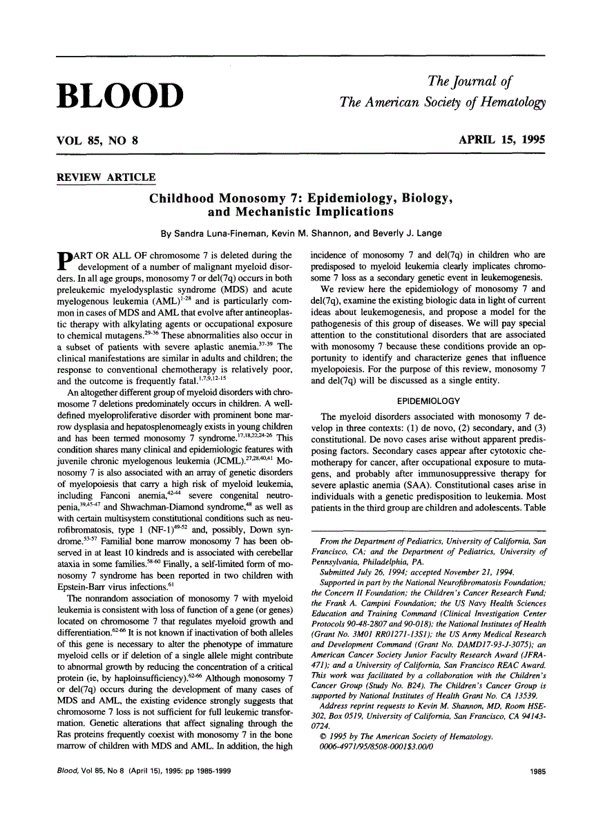 First page of Childhood monosomy 7: epidemiology, biology, and mechanistic implications