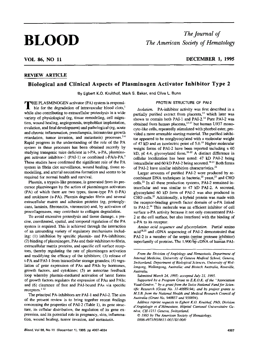 First page of Biological and clinical aspects of plasminogen activator inhibitor type 2