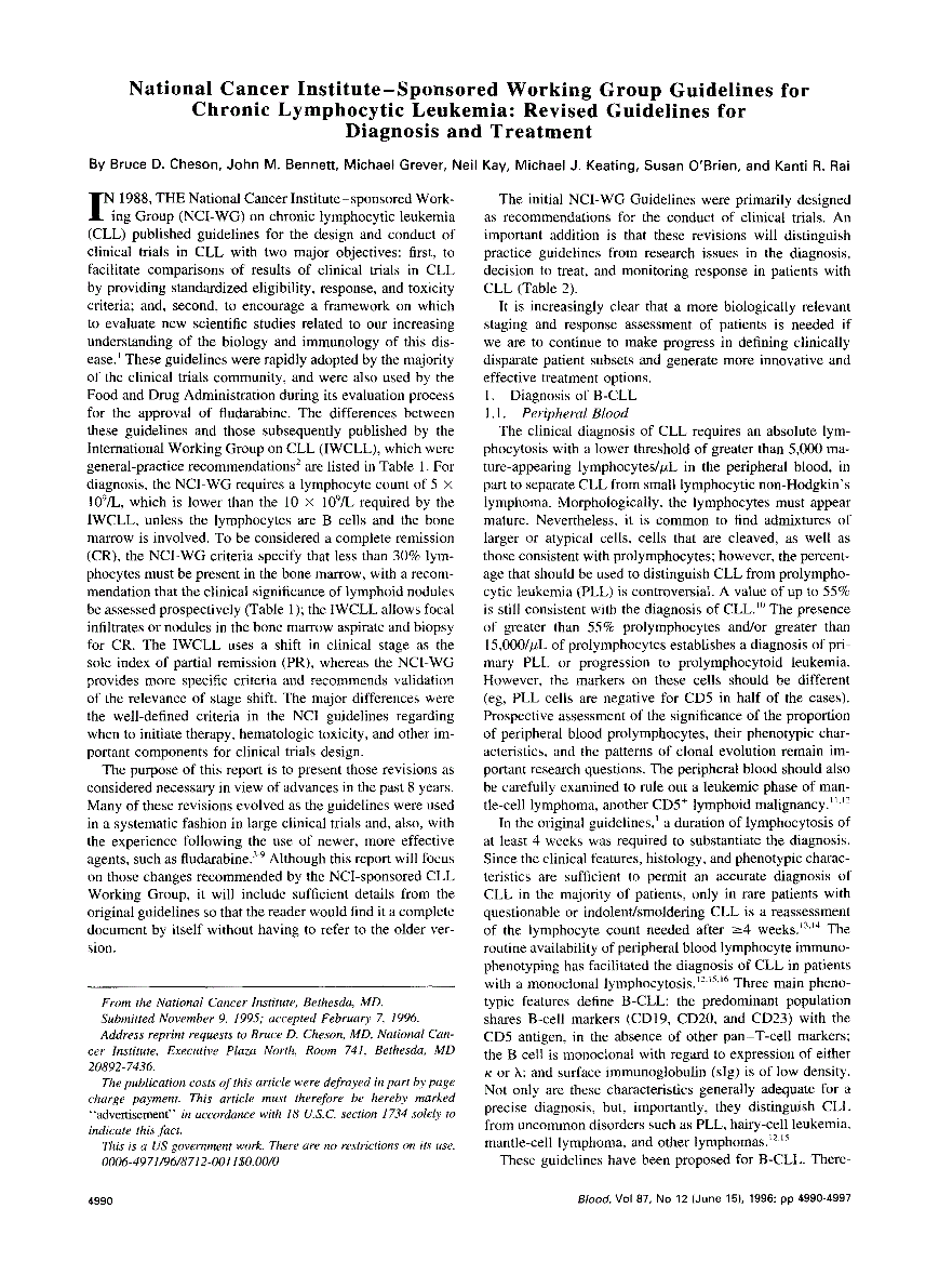 First page of National Cancer Institute-sponsored Working Group guidelines for chronic lymphocytic leukemia: revised guidelines for diagnosis and treatment