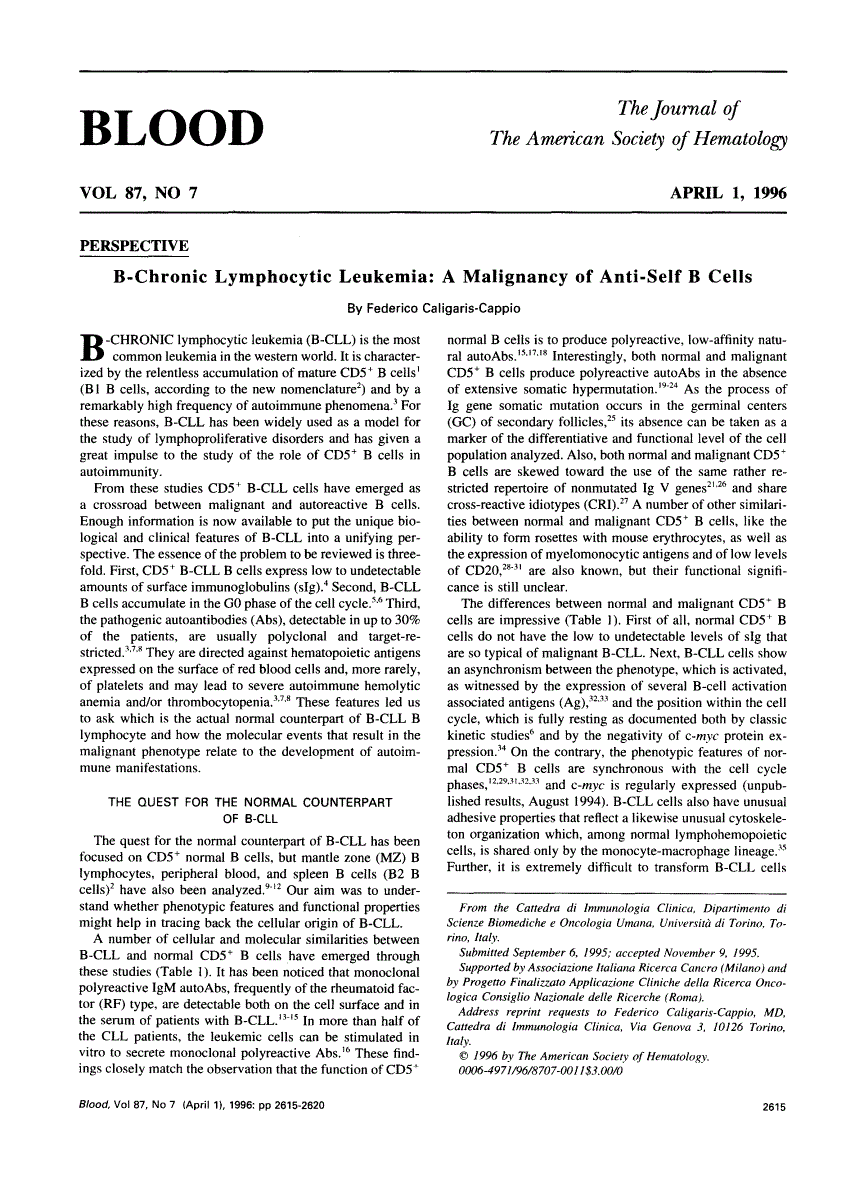 First page of B-chronic lymphocytic leukemia: a malignancy of anti-self B cells