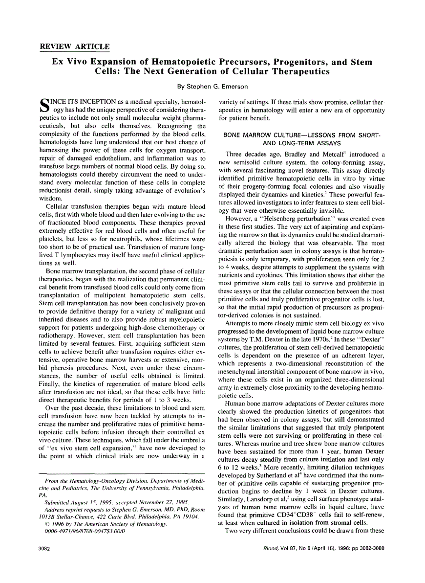 First page of Ex vivo expansion of hematopoietic precursors, progenitors, and stem cells: the next generation of cellular therapeutics