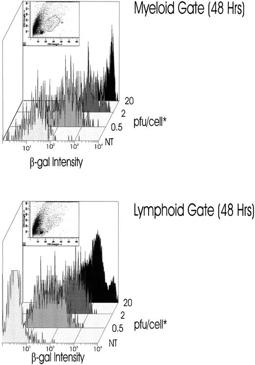Fig. 2. The DISC-HSV β-GAL vector transduces CD34+ cells with high efficiency. The x-axis denotes the intensity of β-GAL staining 48 hours after transduction with the DISC-HSV vector at various pfu/cell. The myeloid and lymphoid subpopulations were first gated by forward-versus-side scatter (FSC v SSC) (inset fig), with β-GAL expression in the CD34+ subset displayed separately for each population. *pfu/cell:- for details of titering see Materials and Methods section.