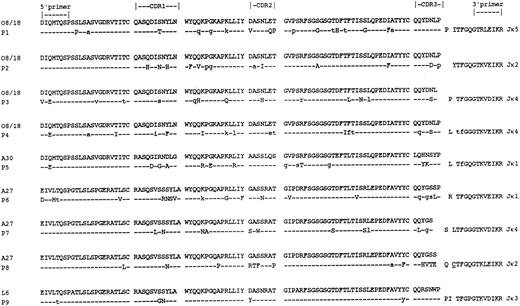 Fig. 2. Deduced amino acid sequences of the Vκ regions of the tumor-derived clones from patients with myeloma. Comparisons are made with the closest germline Vκ genes. Uppercase, replacement mutations; lowercase, silent mutations. Replacement mutations in Jκ are underlined.