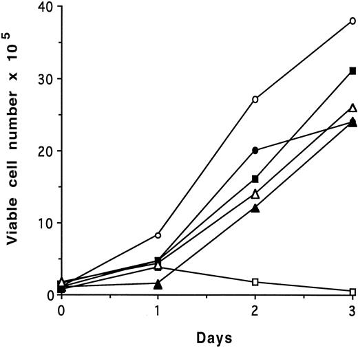 Fig. 5. Proliferation assay of BCR-ABL ΔP1,P2 mutant in 32D cells. 32D, 32Dp210, and 32Dp210ΔP1,P2 cells growing in the presence of IL-3 were washed three times with RPMI 1640 medium and plated at 1 × 105 cells/mL in regular growth media with or without exogenous growth factor. Each day, viable cells were counted as assessed by exclusion of trypan blue. The data presented are representative of four separate experiments. Similar results were obtained in MTT assays. (▪), 32D + IL-3; (□), 32D − IL-3; (•), 32Dp210 + IL-3; (○), 32Dp210 − IL-3; (▴), 32Dp210(ΔP1,P2) + IL-3; (▵), 32Dp210(ΔP1,P2) − IL-3.