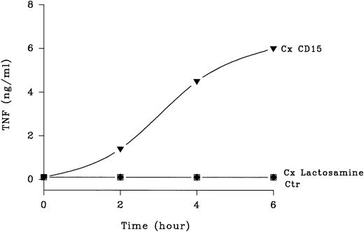 Fig. 3. Kinetics of CD15-mediated TNF-α release. Human peripheral blood mononuclear cells (2 × 106) were purified as in Fig 1 and incubated with primary anti-CD15 IgM PM81 (10 μg/mL), anti-lactosamine IgM IB2 (10 μg/mL) or no MoAb. Following addition of a cross-linking secondary F(ab) ′2 goat anti-mouse IgM, culture supernatants were harvested at various timed points from 2 to 6 hours. TNF-α levels in the supernatant were then determined by ELISA after centrifugation to remove cellular debris. One of three representative experiments with similar results is shown. Each point represents mean TNF-α released. Standard deviations (not shown) were 10% or less of the means.