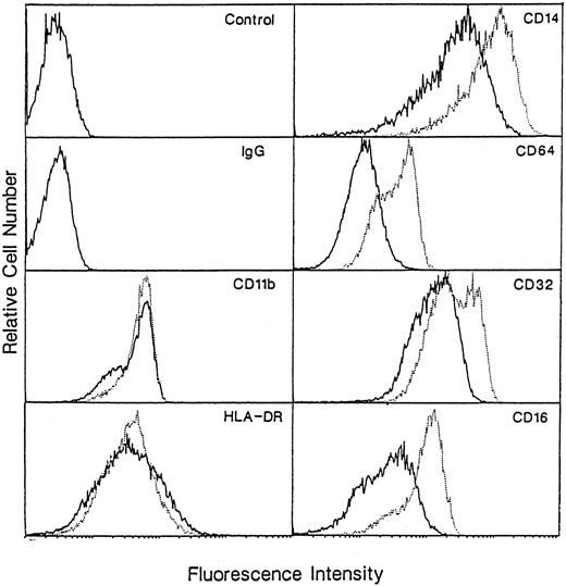Fig. 5. Flow cytometry of surface-marker expression on macrophages generated from monocytes cultured with M-CSF or M-CSF + IL-10. Monocytes were incubated with M-CSF (50 ng/mL) + IL-10 (25 ng/mL) or M-CSF alone for 7 days. These cells were then stained for HLA-DR, CD14, CD16, CD32, CD64, CD11b Ag as described in Materials and Methods. Macrophages cultured in M-CSF alone are represented by a solid line, and those cultured in M-CSF + IL-10 are shown as dotted lines. Data are from representative experiment of three performed.