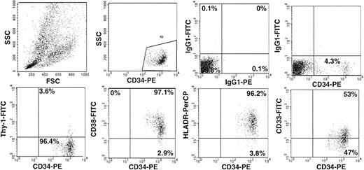 Fig. 1. CD34 subset composition of PBPC. Analysis of CD34 subset composition within a representative LP is shown. A dot plot depicting the acquisition live gate is shown. Samples were run in triplicate. Cells were stained with CD34-PE, CD33-FITC, CD38-FITC, Thy-1-FITC, and HLA-DR-PerCP. The appropriate isotype-control MoAbs were used.