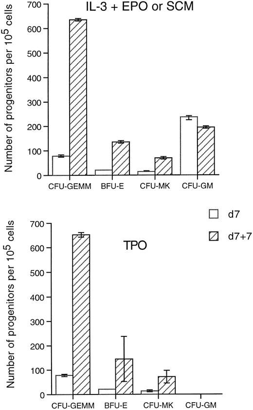 Fig. 4. Effect of TPO on the expansion of hematopoietic progenitors. Hematopoietic cells cocultured 7 days on GpE86-Mpl-R cells (d7) or cocultured 7 days with GpE86-Mpl-R cells and stimulated with TPO during 7 days in liquid culture (d7 + 7) were plated in methylcellulose or agar in the presence of IL-3 + EPO, SCM, or TPO. The results represent the number ± SEM of progenitors per 105 cells plated (n = 3).