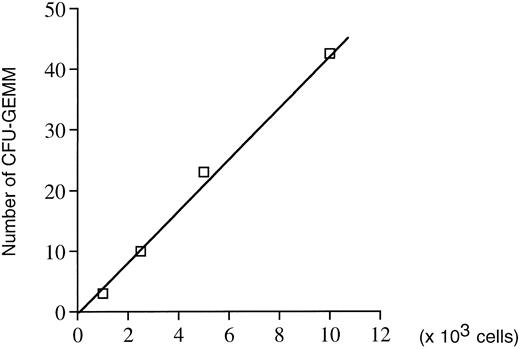 Fig. 5. Assessment of the putative role of growth factors secreted by accessory cells in the formation of colonies obtained in methylcellulose in the presence of TPO alone. Correlation between the number of CFU-GEMM progenitors and the number of hematopoietic cells cocultured on GpE86-Mpl-R cells (n = 2).