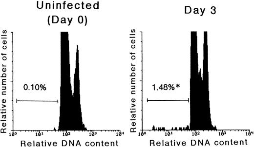 Fig. 4. The detection of cells undergoing apoptosis in the Lin− population. Mice were inoculated with 1 × 105 PFU of MCMV. On day 3 pi, the mice were killed in order to remove their bone marrow cells. Using flow cytometry, the signals of PI, which represent the DNA contents, were examined after the Lin− populations were gated. The G0/G1-peak was adjusted at channel 100 and subdiploid cells were designated as cells undergoing apoptosis. Before the experiments, it was confirmed that a coefficient variance in the PI-stained thymocytes was ca. 2%. The numbers in the figure represent the percentage of cells undergoing apoptosis in the Lin− cells. *Significant increase versus uninfected control (P < .01).