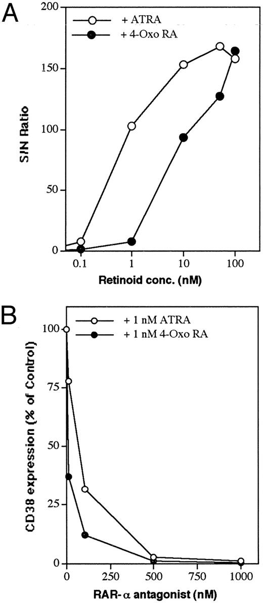 Fig. 2. Dose-dependent induction of CD38 by ATRA and 4-oxo RA and its downmodulation by RAR-α antagonist. (A) RAR-α–transduced cells were incubated in the presence of increasing doses of ATRA or 4-oxo RA. (B) Cells were incubated overnight with 1 nmol/L ATRA or 4-oxo RA alone or simultaneously with increasing concentrations of RAR-α antagonist (Ro41-5253). At the end of the incubation period, cells were washed and analyzed for CD38 expression by flow cytometry, as described in the Materials and Methods. Data points represent the means of 2 experiments, with a standard deviation < 10% from the mean.