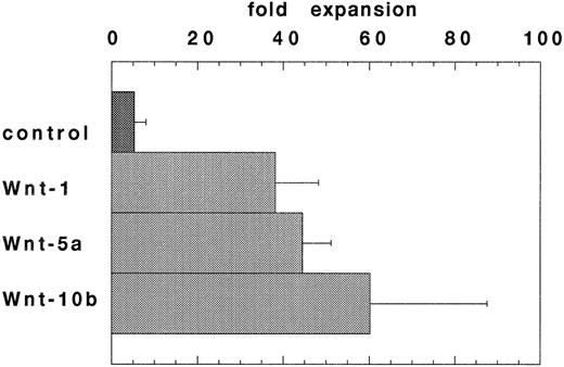 Fig. 2. WNTs promote cell proliferation in suspension cultures of flASK cells. The fold expansions in cell number after culture for 7 days are shown. Cultures were initiated with flASK cells (5,000/well), 25 ng/mL KL, and CM from 293 cells transfected with control plasmid, Wnt-1, Wnt-5a (gDWnt5aHis6 ), or Wnt-10b. Assays were performed in duplicate and repeated in two independent experiments.
