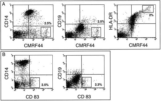 Fig. 1. CMRF-44 labels cultured peripheral blood DC. T-lymphocyte depleted PBMC were cultured for 48 hours and labeled with the MoAb indicated. The quadrants were placed according to isotype matched control staining performed at each time point. The percentage of cells with (A) the CMRF-44 bright or (B) HB15a+ phenotype (shown in rectangle) was 2% to 2.5% in this individual. Antibody labeling intensity is displayed across 4 decades of log fluorescence in all figures. Results are from one of three similar experiments.