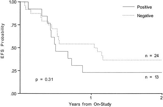 Fig. 2. EFS from time of study entry for patients with and without 7.1/NG2 expression.
