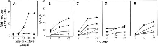 Fig. 3. Highly enriched T-TILs expanded in the presence of CD40-FL and exogenous IL-2 exhibit cytotoxicity against autologous lymphoma cells. (A) T-TILs from patient FL4 were stimulated with CD40-FL cells (▪) or CD40-FL cells in the presence of 100 IU/mL IL-2 (•). The total number of viable cells was assessed by trypan blue exclusion test and the number of CD3+ T cells by immunophenotyping on day 0, 7, 14, 21, and 28 of culture. Viable cells were greater than 97% CD3+ T cells as assessed by phenotypic analysis. Cytotoxicity as examined by (B) chromium release assay or (C) JAM test of TCL cells after three stimulations with CD40-FL with addition of IL-2 at day 3 of coculture. Cytotoxicity was assessed on day 28 of culture. As targets, autologous CD40-FL cells (•), FL cells (▪), autologous CD40-B cells (□), allogeneic CD40-B cells (⋄), and allogeneic CD40-FL cells (○) were used in (B) and (C). Similar results were obtained using cells from patient FL6. (D) TCLs derived from T-TILs depleted of CD8+ T cells exhibit reduced cytotoxicity against FL and CD40-FL cells. (E) Blockade of MHC class I (⋄) and MHC class II (□) by MoAbs decreases anti-FL–directed T-cell cytotoxicity and the combination of both (○) almost abrogates cytotoxicity of autologous TCL to FL4.