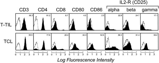 Fig. 4. Cell-surface expression of T-cell markers, activation markers, and chains of the IL-2 receptor complex on freshly isolated T-TILs and TCL1 cells (day 28) from FL4. The unshaded area indicates fluorescence of isotype-matched antibody. Similar results were seen in samples from patient FL6.