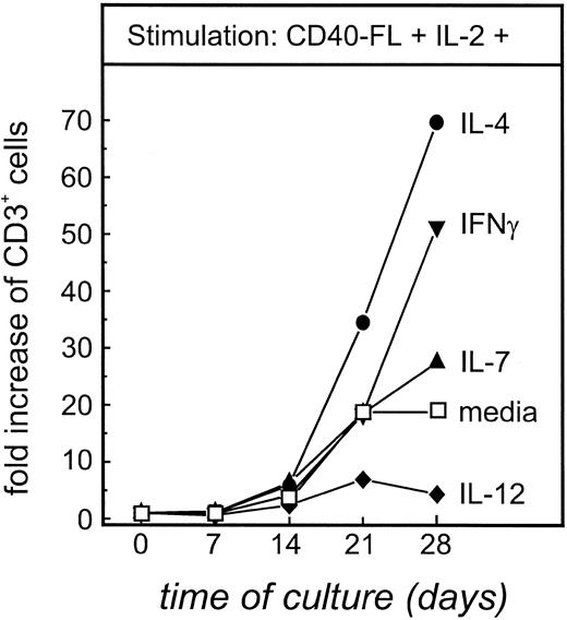Fig. 5. Calculated maximal expansion of T-TILs stimulated with CD40-FL and IL-2 with other cytokines. T-TILs (5 × 106 cells) from FL4 were isolated, purified, and stimulated with CD40-FL cells in the presence of IL-2 (100 IU/mL) either alone or in combination with IL-4 (2 ng/mL), IL-7 (5 ng/mL), IL-12 (1 ng/mL), or IFN-γ (10 ng/mL). Total number of viable cells was assessed by trypan blue exclusion and the number of CD3+ T cells by immunophenotyping on days 0, 7, 14, 21, and 28 of culture. Expanded viable cells were always greater than 97% CD3+ T cells, and therefore, expansion of total cells is equal to expansion of T cells.