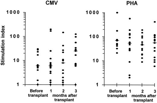 Fig. 2. Lymphoproliferative responses to CMV antigen (left panel) and to PHA (right panel) in CMV seropositive autograft recipients. Eleven patients were evaluated before transplantation and 15 patients were assessed during the first 3 months after transplantation. The stimulation index was calculated as described in the Patients and Methods. A stimulation index ≥4.0 was considered positive. The median is indicated by the horizontal bar.